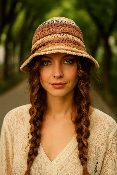 Axesoire 14719 Hand Knitted Brown Straw Bucket Hat