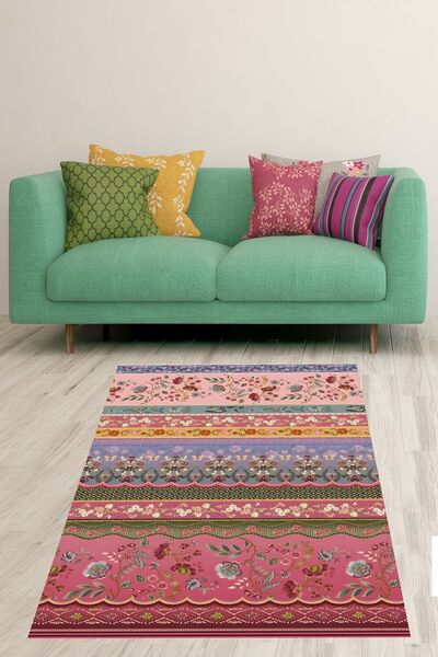 farbala Vintage Etnik Desenli Çiçekli Yıkanabilir Kaymaz Taban Leke Tutmaz Ya...