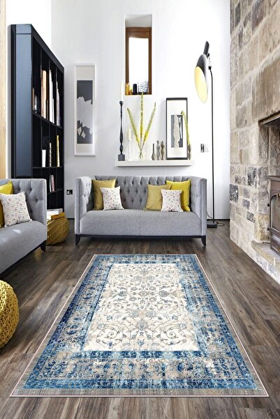 farbala Mavi Çerçeli Çiçek Desenli Yıkanabilir Kaymaz Taban Leke Tutmaz Yazlı...