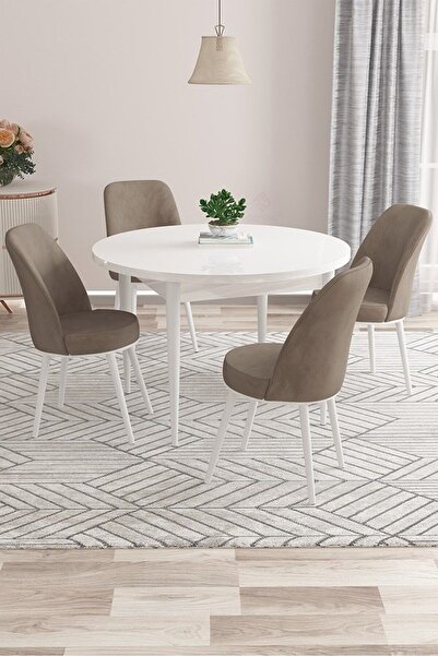 Canisa Kea Serisi Yuvarlak Beyaz Mutfak Masa Takımı 4 Cappucino Babyface Sand...