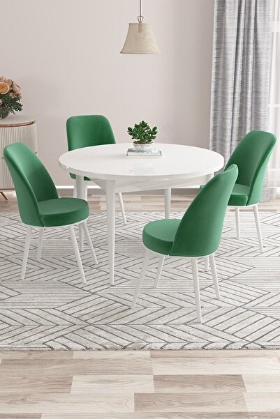 Canisa Kea Serisi Yuvarlak Beyaz Mutfak Masa Takımı 4 Zümrüt Yeşili Babyface Sandalye