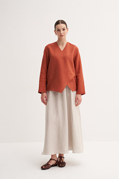 Zesyna Kiremit %100 Keten V Yaka Asimetrik Bluz