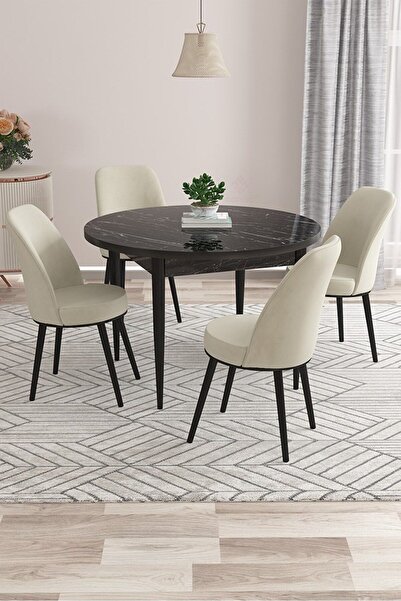 Canisa Kea Serisi Yuvarlak Siyah Mermer Desen Mutfak Masa Takımı 4 Krem Babyf...