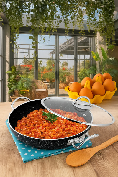 Davet Granit Cam Kapaklı Siyah Menemen Tavası 30 Cm - Menemen Tavası