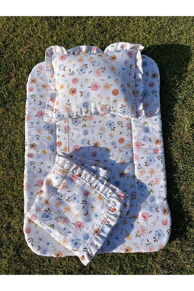 azizden Frilly Muslin Blanket, Baby Changing Mat, Special Head Pillow Set of Three