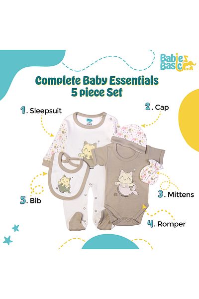 Babies Basic 5 piece New Born Set include Bib, Romper, Mittens, Cap, Sleepsuit- Meowmaid, Grey