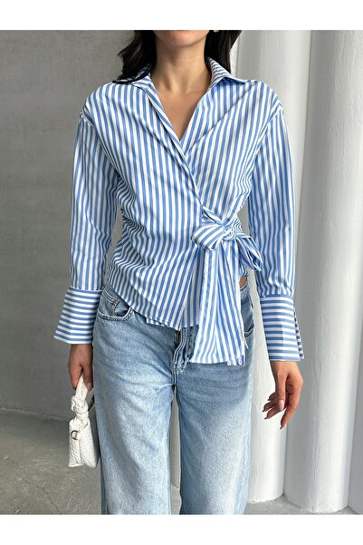 MD trend Cămașă cu șireturi laterale în dungi pentru femei