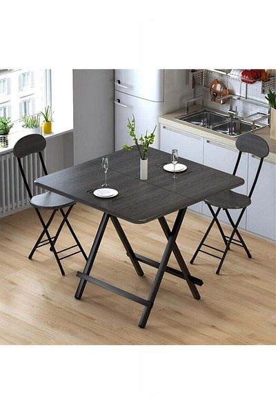 Taimi 3-Piece Folding Dining Set Dining Table, 80x80x74cm with 2 Folding Chairs Elegant Design - Black