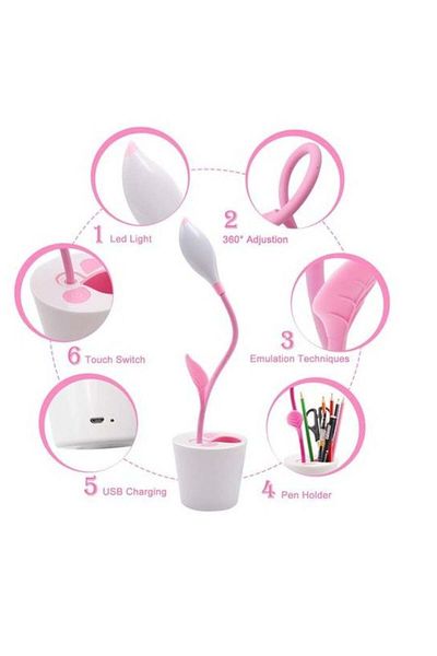 Amazon basics Led desk lamp, USB charging, multifunctional, 360° flexible, with pen holder, 3 light, Pink, 41 cm
