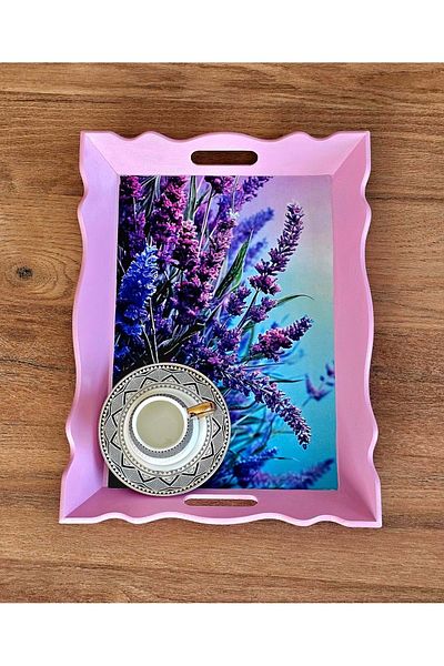 panda hediyelik Handmade Wooden Painting Presentation Tray – Lavender Pattern