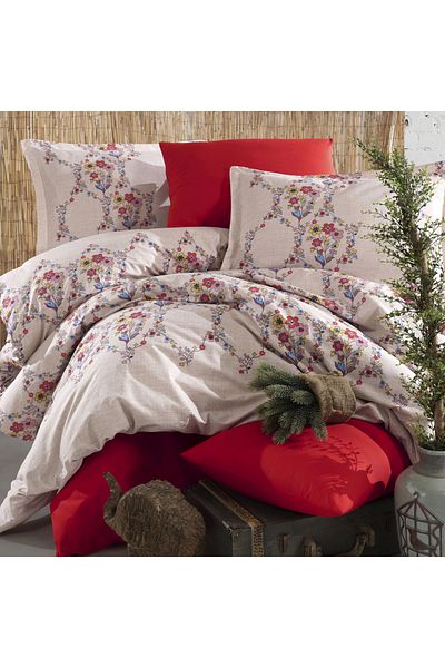 Clasy Ranforce 100% Cotton Double Duvet Cover Set Navas V1 Red