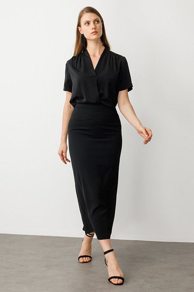 Ekol Slit Look Long Skirt Black