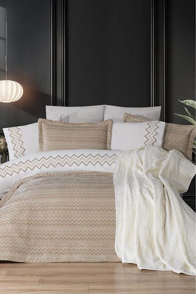 Çeyiz Diyarı Mısra 10 Piece Dowry Set with Blanket Beige