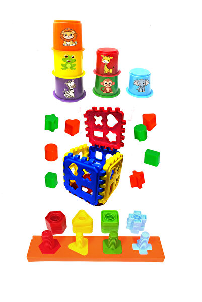 toysnet 3’lü Eğitici Oyuncak Seti – Puzzle Küp Bultak, Vida, somun Blokları ve Hayvan Figürlü Bardak Kule