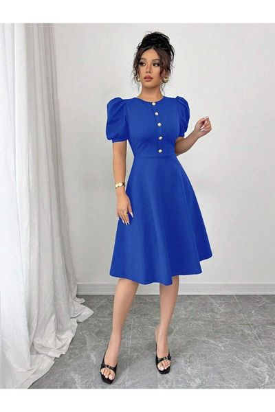 Kokosh moda Rochie de damă cu mânecă scurtă, cu decolteu, cu nasturi în față