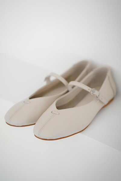 Parponi Beijing Women's Belted Genuine Leather Ballerinas Ecru