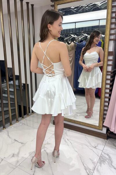 By Saygı Women's String Strap Back Tie Underwire Skirt Layered Lined Satin Short Dress