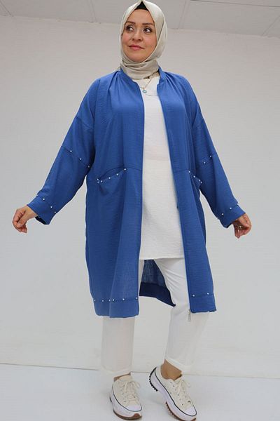 Eslina 53016 Large Size Sleeve Elastic Stone Printed Linen Tunic - Indigo