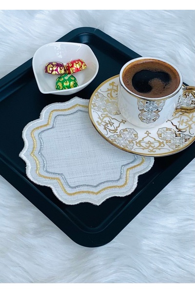 Mora Tekstil Gold and Silver Glitter Presentation Napkin, Embroidered Coffee Coaster, 6-Piece Cocktail Napkin, Coffee Coaster