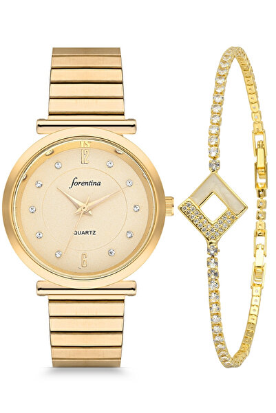 Forentina Kadın Gold Renk Metal Kol Saati-taşlı Bileklik Kombin Ps4096