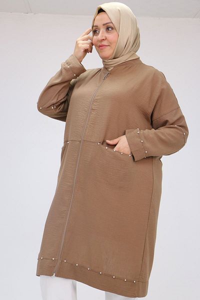 Eslina 53016 Large Size Sleeve Elastic Stone Printed Linen Tunic - Brown