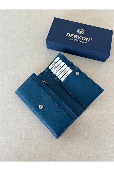 DERKON Genuine Leather Vendy Model Women's Wallet with Plenty of Eyes Petrol Blue