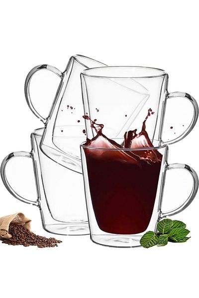 Quasar & Co. Set of 4 Double Walled Mugs, 250 Ml, Straight Model, Heat Resistant, Transparent