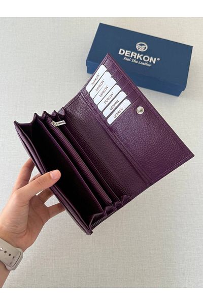 DERKON Genuine Leather Vendy Model Women's Wallet with Plenty of Eyes Purple