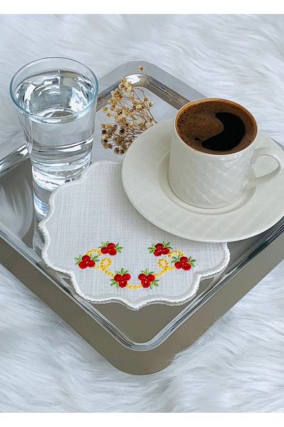 Mora Tekstil Flower Embroidered Coffee Coaster, Presentation Napkin, Coffee Glass Coaster, 6-Piece Cocktail Napkin