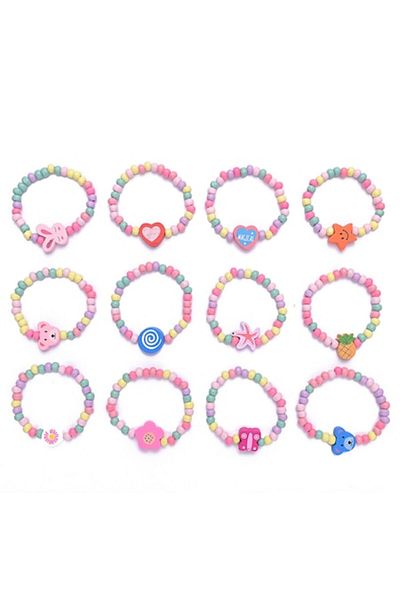Tessero Set 12 bracelets for children, various bead models for girls, elastic, pink, Tessero