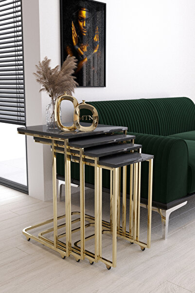 Nies Aksesuar 4'lü Kare Zigon Tekerlekli Gold Kaplama Antrasit Mdf Mebran