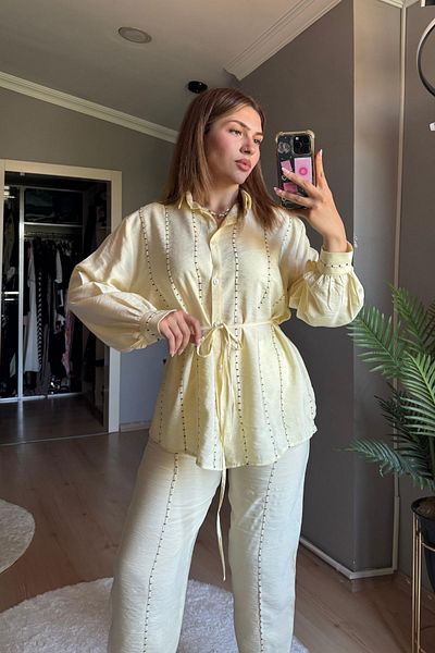 Qenz Almond Stitched Suit -Yellow