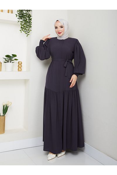 KMKkombin Pleated Waist Hidden Zipper Belt Balloon Sleeve Ferace-1031