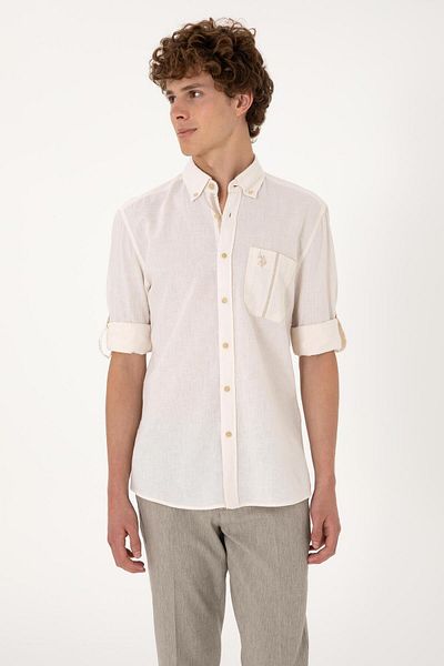 U.S. Polo Assn. Η.Π.Α. Polo Assn. Ανδρικό μακρυμάνικο πέτρινο πουκάμισο με κανονικό βαμβακερό κατένα μείγμα 2106703