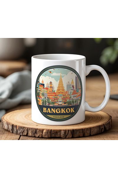 BB TRADE White Ceramic Printed Mug Cup 330ml with Bangkok Design