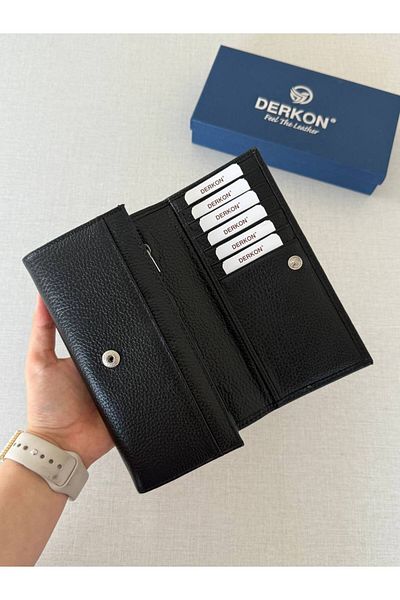 DERKON Genuine Leather Vendy Model Women's Wallet with Plenty of Eyes Black