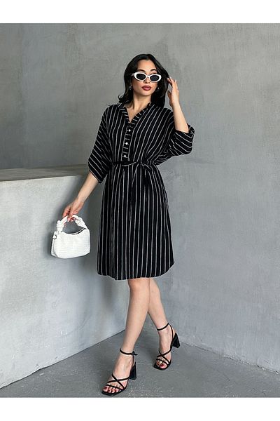 MD trend Γυναικείο ριγέ φόρεμα με κουμπιά Midi μήκους