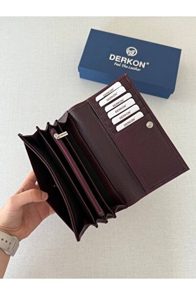 DERKON Genuine Leather Vendy Model Women's Wallet with Plenty of Eyes Claret Red