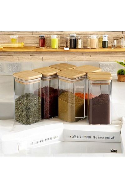 emdeco 6 Pieces Square Wooden Vacuum Lid Acrylic Spice Rack Set 300 ml Label + Spoon Gift