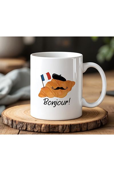 BB TRADE Bonjour Croissant Design White Ceramic Printed Mug 330ml