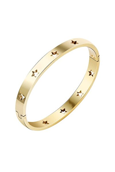 Tessero Brățară tip bangle fixă cu decupaje în formă de stea, oțel inoxidabil, placată cu aur de 18K, aurie