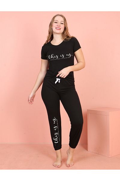 JENİKA Women's Short Sleeve Letter Printed Sports Pajama Set with Elastic Legs and Bow Detail
