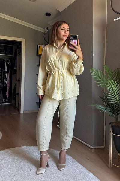 Qenz Almond Stitched Suit -Yellow