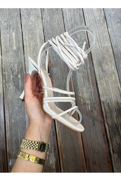 Afilli Women's Beige Skin Thin Single Strap Heel Sexy Ankle Lace-Up High Pointed Evening Dress Sandals Shoes