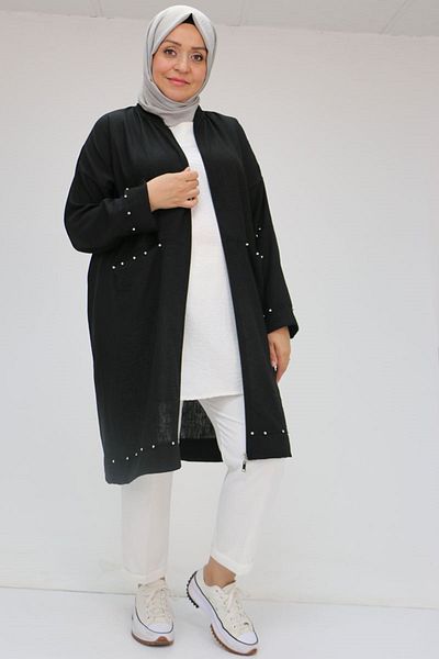 Eslina 53016 Large Size Sleeve Elastic Stone Printed Linen Tunic - Black