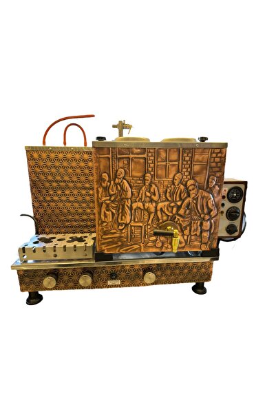 Meşale 2 Demlikli Antik Bakır Kahvehane Desen Full Otomatik Çay Kazanı