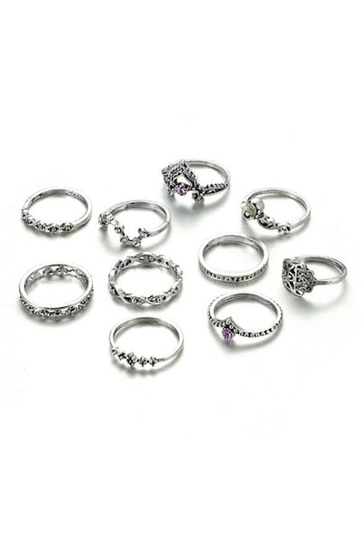 Tessero Set de 10 inele de damă placate cu argint, diferite modele