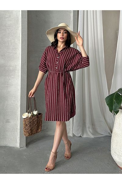 MD trend Γυναικείο ριγέ φόρεμα με κουμπιά Midi μήκους