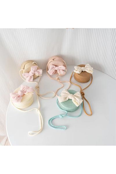 MODA Pi̇nkjoy Beige Wicker Bag with Pink Bow