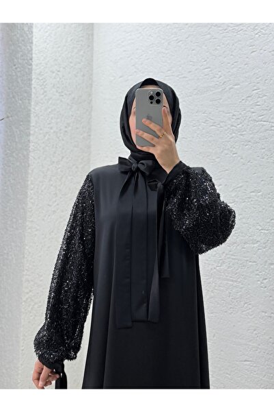 Mihra Serique Sleeve Sequin and Tulle Detail Satin Dress-Pa9565 Black